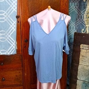 NWT. D1-43 Slate Blue Strappy Cold Shoulder V Neck Short Sleeve Tee Shirt Large